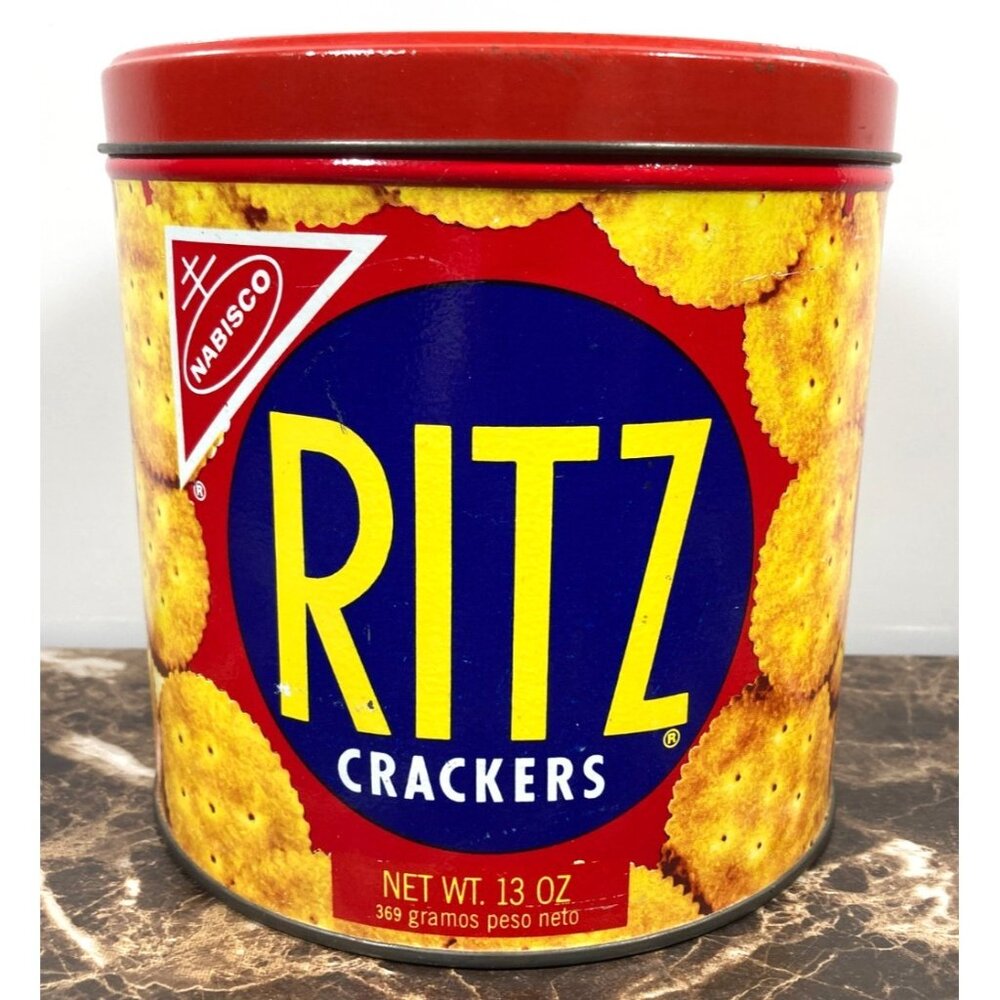 Ritz Crackers 13oz Vintage 1977 Tin Can Nabisco Metal Lid Retro Kitchen Decor